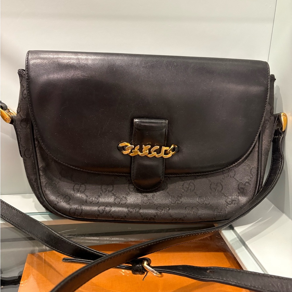 Vintage Gucci black with gold adjustable crossbody